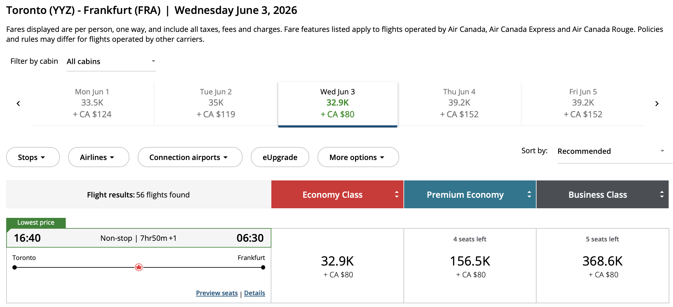 Toronto to Frankfurt Aeroplan – Outbound availability